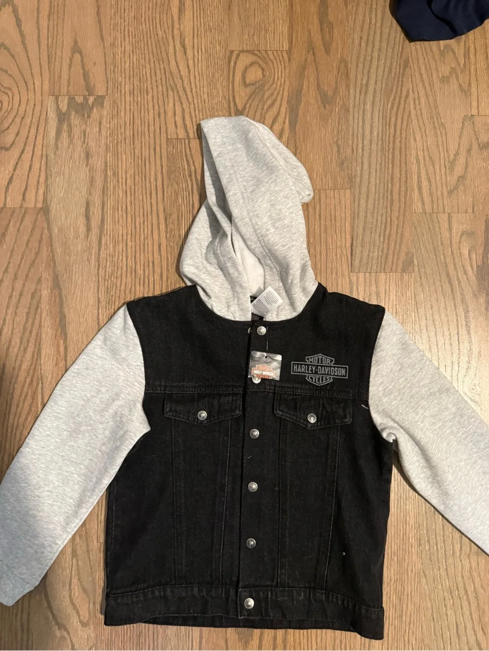 Harley-Davidson Kids Black Denim Jacket with Light Gray Hood & Sleeves